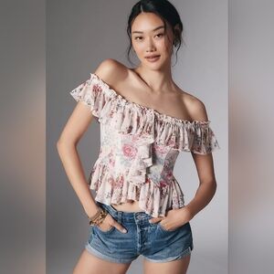 By Anthropologie Off-The-Shoulder Floral Mesh Top XS
